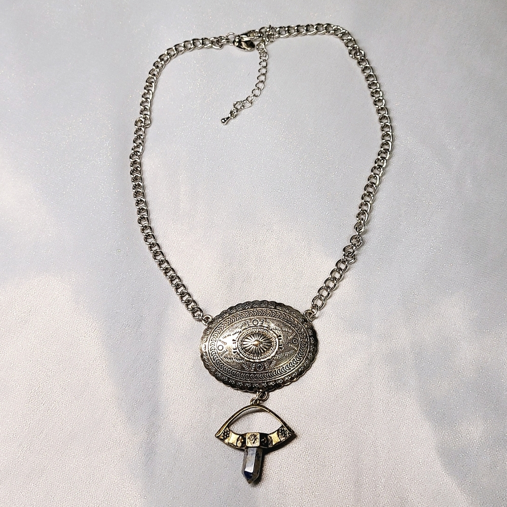 LOVISA Boho Victorian Art Deco Medallion and Stone Pendant Silver Tone Necklace